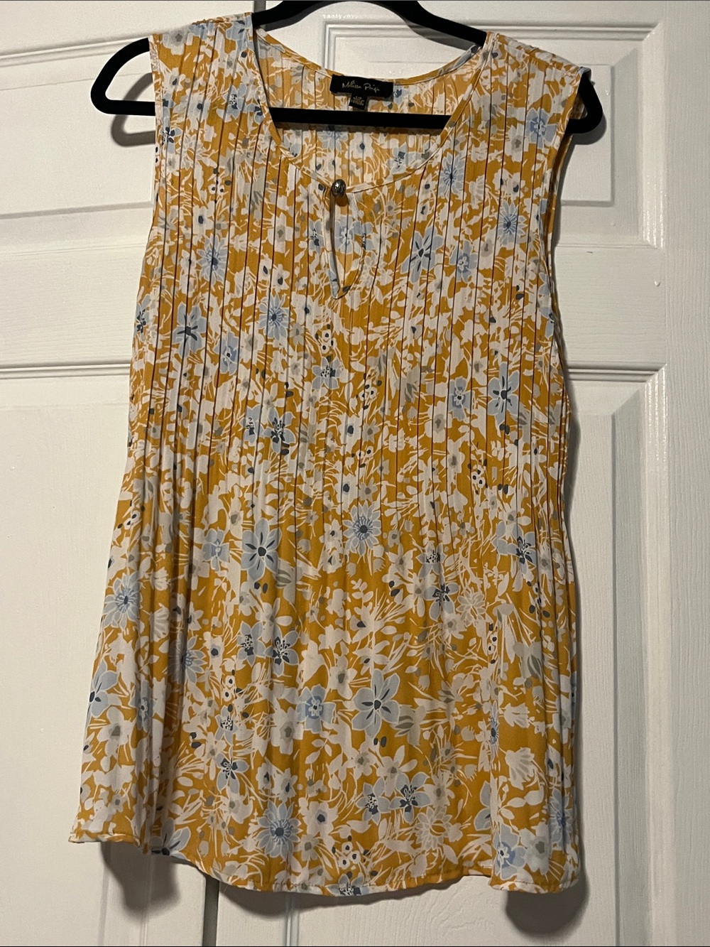 Melissa Paige Mustard Yellow and Light Blue Floral Pleated Blouse